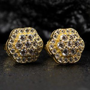 Round Flower Set Yellow Gold 925 Sterling Silver Iced Cz Hip Hop Stud Earrings
